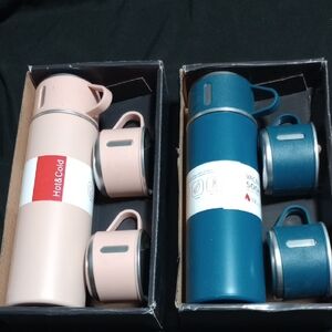 Pair of Matte Vacuum Flasks with Matching Cups - Blush Pink & Teal